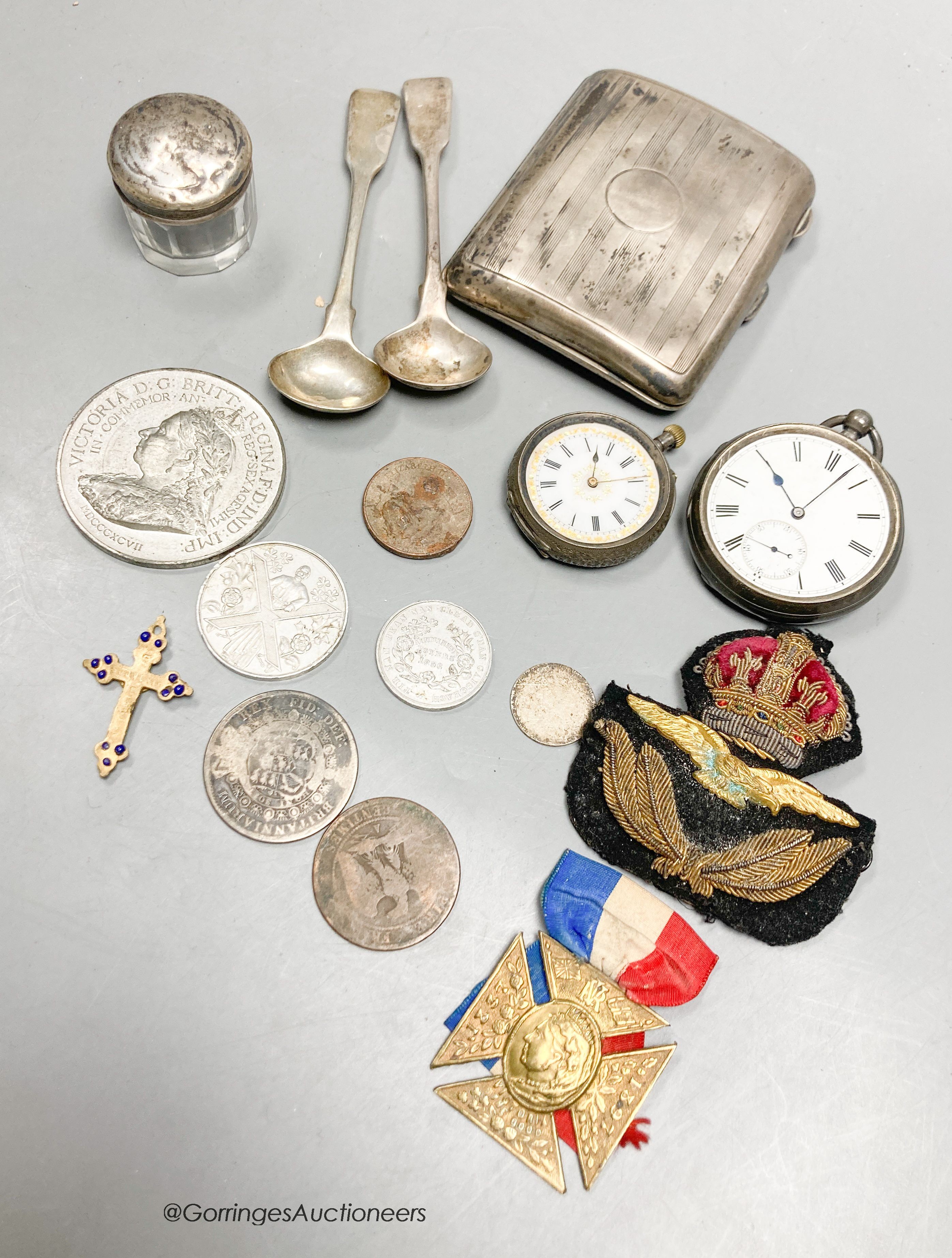 A silver cigarette case, two pocket watches, small pot etc.